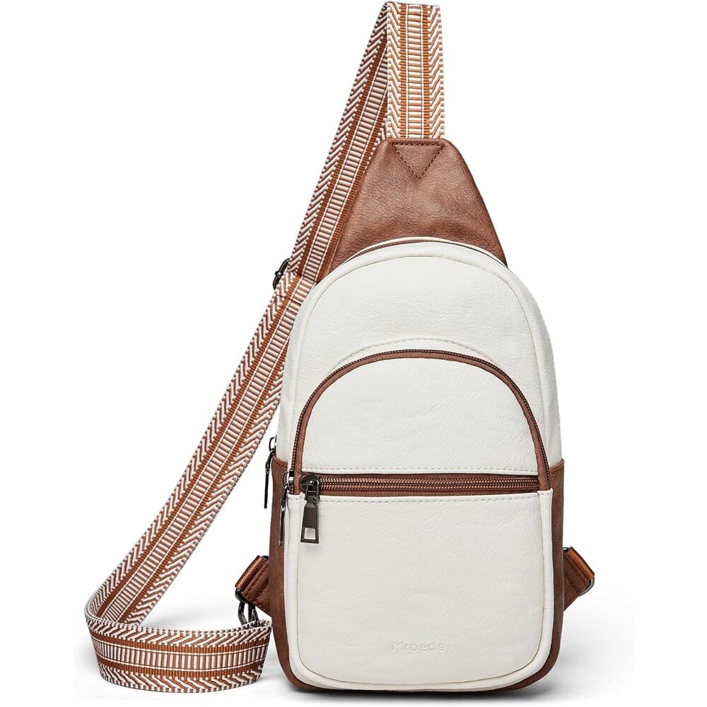 Vegan Leather Sling Crossbody Bag – White & Brown w/ Wide Strap